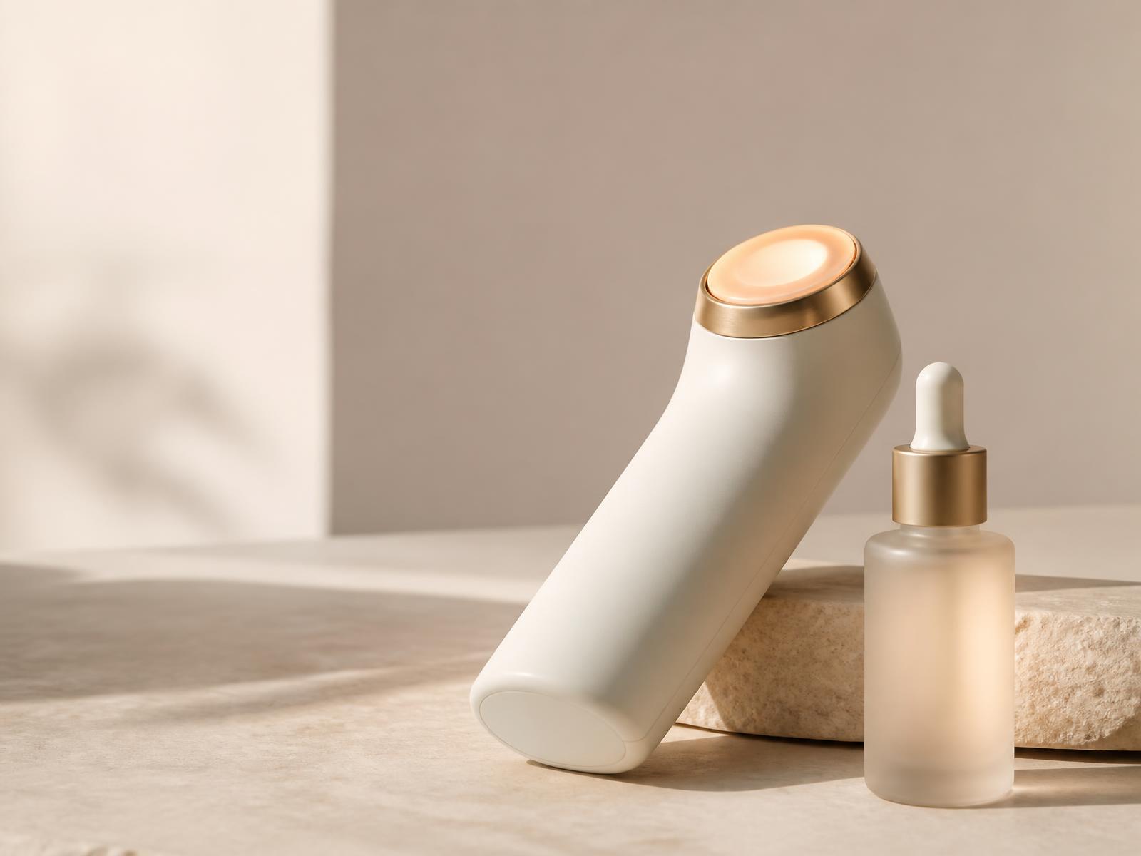 MyoGlow skincare device with a serum bottle on a neutral stone surface